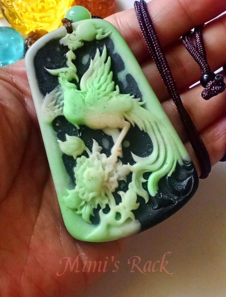 Ambergris Phoenix & Peony Pendant Necklace (Category: Necklaces) located in Taguig. Submitted by mimisrack (Listing ID 1470109037, Image 1). Description: 💚🛡️ Protection & Good Fortune — ambergris is traditionally associated in some spiritual and cultural practices with auspicious energy and protection. 💰 Wealth & Prosperity — the phoenix symbolizes renewal and success, while the peony represents riches and abundance in Chinese culture. 🔥 Rebi