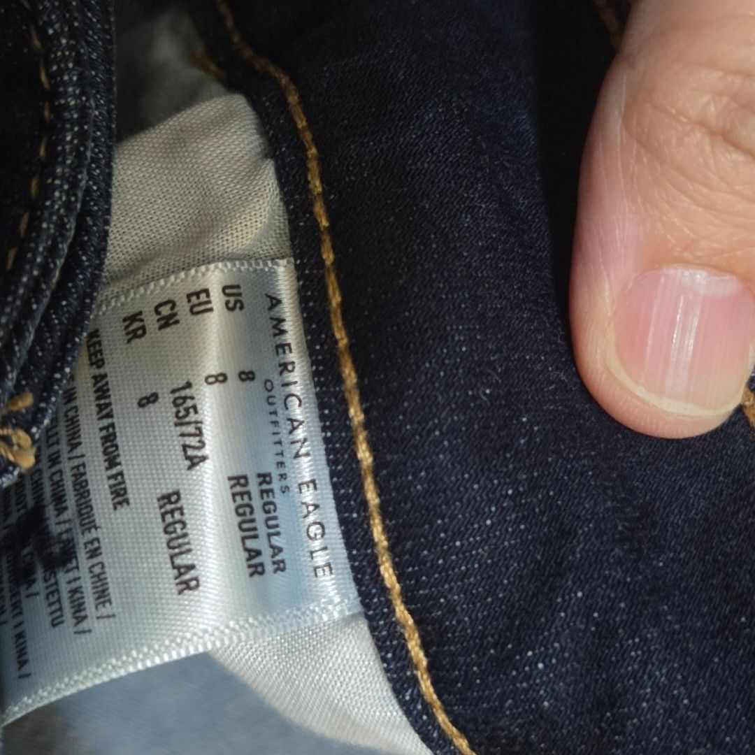 American Eagle Ne(x)t Level Stretch Jeans Size 8 (Category: Jeans) located in Makati City. Submitted by lexshie (Listing ID 1469975154, Image 3). Description: - Brand: American Eagle Outfitters - Size: 8 regular fit - Wash: Dark wash denim - Fabric: Ne(x)t Level Stretch for extra flexibility and all-day comfort - Design: Classic five-pocket styling with contrast stitching and branded button closure.