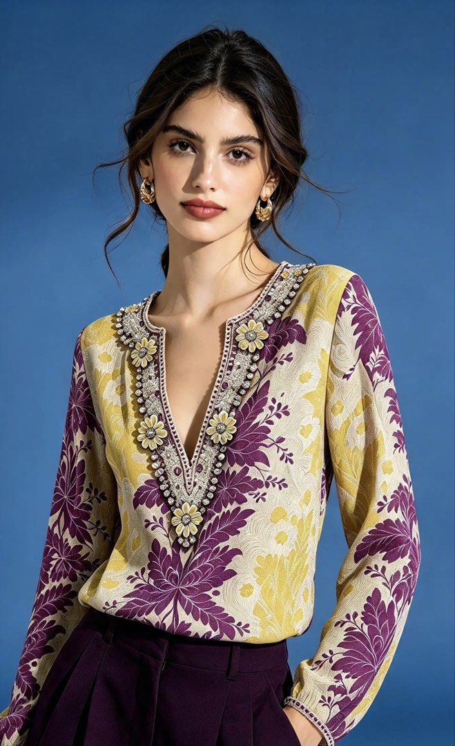 AMOR & PSYCHE (Category: Blouses) located in Davao. Submitted by sart0ria85 (Listing ID 1469970899, Image 2). Description: Yellow and purple deep V-neck with white beadwork and shell flower appliques in Long sleeves with beaded cuff trim. 100% SILK MADE IN INDIA 🇮🇳 XSMALL. Size 2 EXCELLENT CONDITION (98/100).