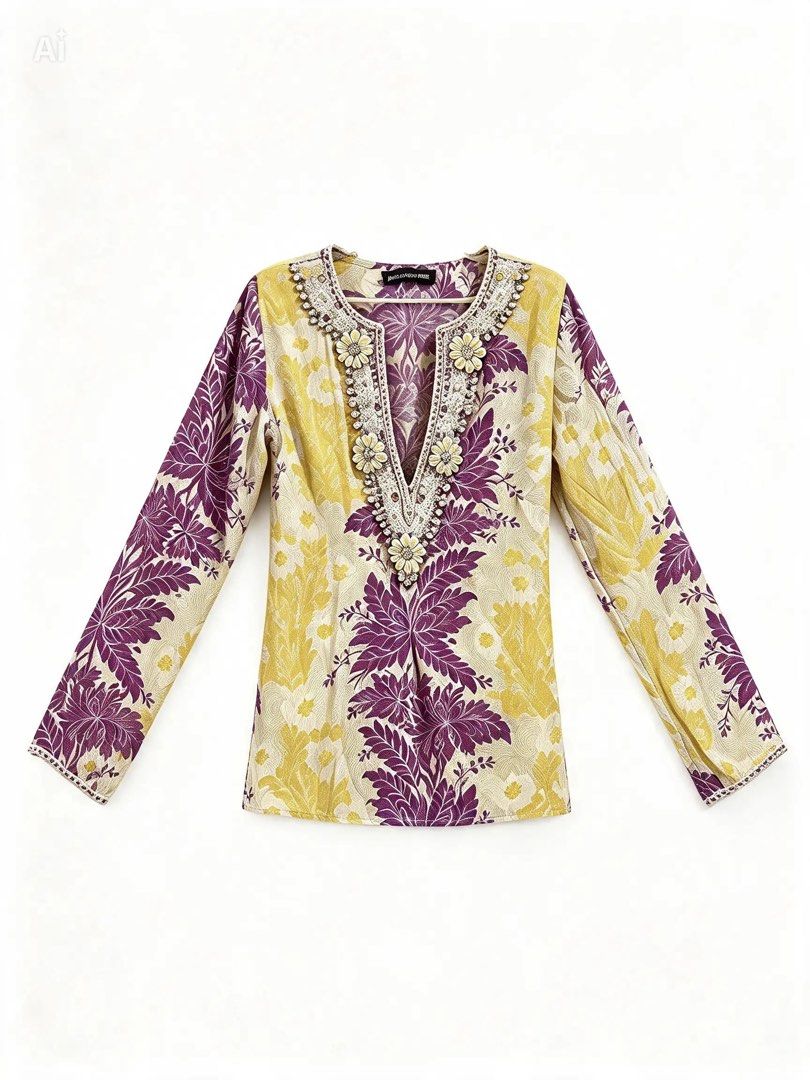 AMOR & PSYCHE (Category: Blouses) located in Davao. Submitted by sart0ria85 (Listing ID 1469970899, Image 1). Description: Yellow and purple deep V-neck with white beadwork and shell flower appliques in Long sleeves with beaded cuff trim. 100% SILK MADE IN INDIA 🇮🇳 XSMALL. Size 2 EXCELLENT CONDITION (98/100).