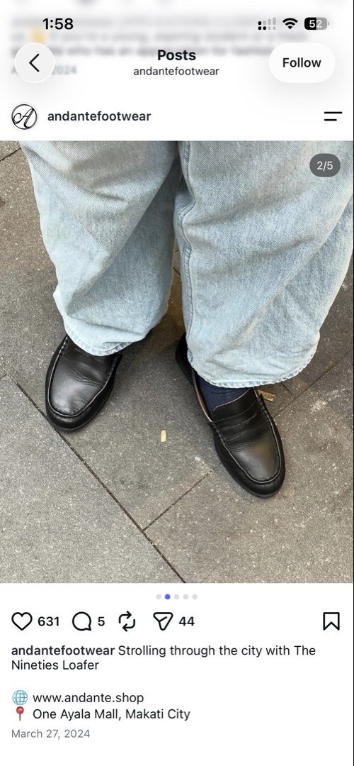 Andanté The Nineties Loafer (Category: Loafers) located in Manila. Submitted by nikkinat (Listing ID 1469999580, Image 1). Description: - Brand/Style: Andanté The Nineties Loafer - Color: Classic Black - Design: Slip-on penny loafer with stitched moc toe - Material: Smooth leather upper with minimal toe box creasing - Details: Branded insoles and heel pull tabs with lettering - Condition/Use: barely used, like new Genuine leather. Brand new costs