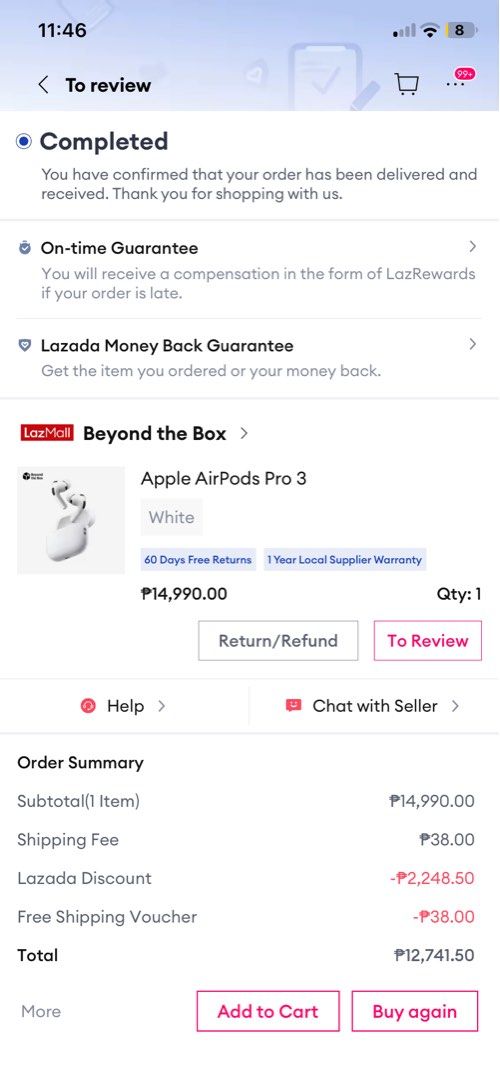 Apple AirPods Pro 3 (Category: Headphones & Headsets) located in Las Pinas. Submitted by weisers (Listing ID 1470110391, Image 3). Description: Price: 9000 php RUSH (Medical expense) Airpods Pro 3 Purchased via LazMall Beyond the Box on Oct 9, 2026. Warranty till Oct 9, 2027 Has scratches, no case. Used mostly at work. Extra eartips unused. Location: Bacoor.