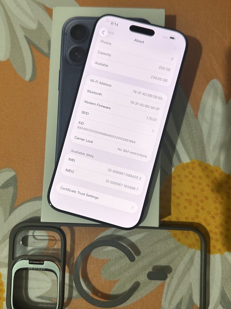 Apple iPhone 17 Pro Max 256GB Deep Blue (Category: iPhone 17 Series) located in Cavite. Submitted by bunnyburrito_ (Listing ID 1470043781, Image 3). Description: - Model: Apple iPhone - Color: Dark Blue - Storage: 256GB - Battery Health: 93% (351 cycle counts) - Status: Factory unlocked / No SIM restrictions - Inclusions: Original retail box and clear protective case with built-in kickstand.