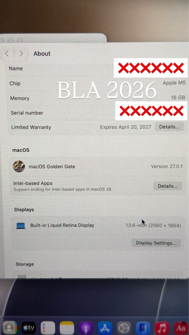 Apple MacBook Air 13-inch M5 (Category: Laptops & Notebooks) located in Makati City. Submitted by hajime39 (Listing ID 1469954783, Image 3). Description: - Model: MacBook Air 13-inch - Color: Midnight - Processor: Apple M5 chip - Memory: 16GB RAM - Display: Liquid Retina Display (macOS Golden Gate) - Battery: 22 cycle count, 100% maximum capacity - Warranty: Active limited warranty until April 2027 (bought last April from Apple) - Condition: Pris
