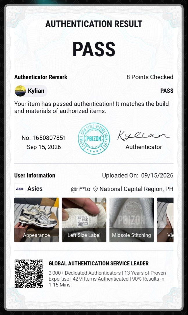 Asics Sneakers Verified Authentic By Poizon (Category: Announcements) located in Quezon City. Submitted by rg1996 (Listing ID 1470106692, Image 1). Description: Ever since I started using POIZON’s authentication service, I never worry about fakes anymore. Their team is super fast and professional—it really gives me complete peace of mind. I’d recommend it to you all! #POIZON #POIZONAuthentic #SharePOIZONlegitcheck.