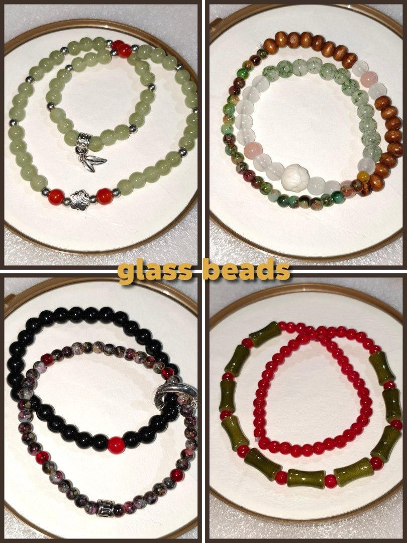 Assorted Beaded Bracelets Glass and Stone Sets (Category: Bracelets) located in Caloocan City. Submitted by books_and_beads (Listing ID 1470081224, Image 2). Description: - Collection of stylish layered beaded bracelets in various colors and designs (2 loops) - Features grey beads, pink/wooden combos, green & white jade, turquoise with lucky cat charms, and vibrant red/black sets - Versatile pieces great for mixing, matching, or stacking - Perfec
