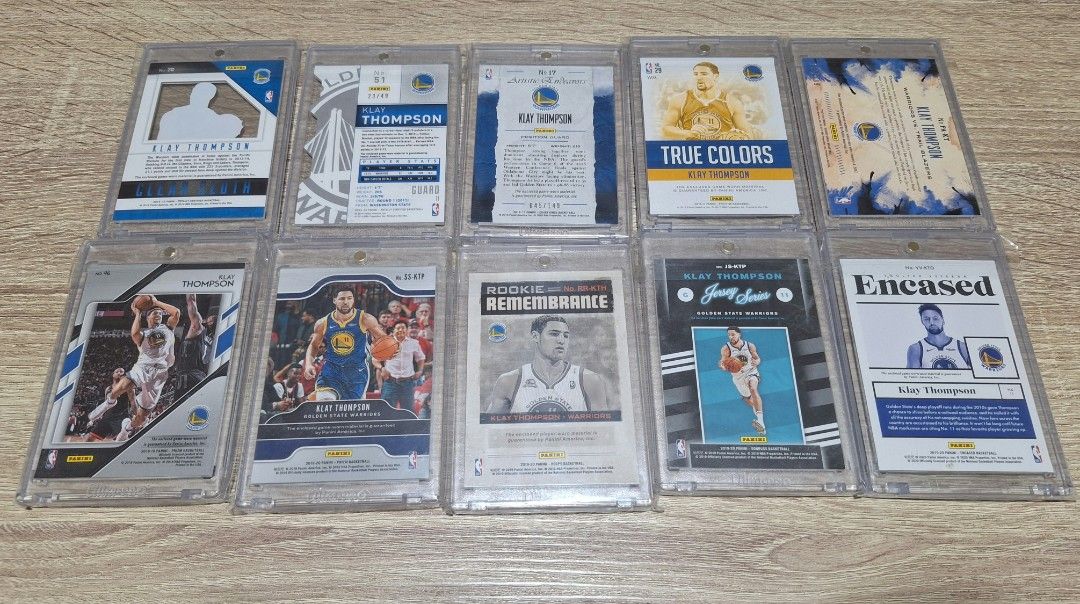 Klay Thompson NBA Patch/GU Cards (Category: Raw Singles) located in Taguig. Submitted by brolz (Listing ID 1470053593, Image 2). Description: Klay Thompson NBA Patch/GU Cards • 2014 Panini Totally Certified Clear Cloth #161/299 - Php2,500 • 2014 - 2015 Panini Totally Certified Die Cut Jersey Patch #23/49 - Php1,500 • 2016-17 Panini Court Kings Artisitic Endeavors Patch #045/149 - Php2,500 • 2016-17 Panini Prestige True Colors Materials #29/199 - 