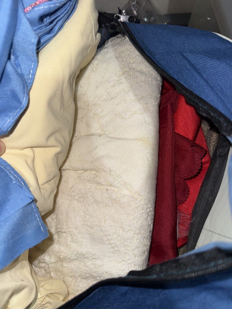 8pcs Assorted quality fabrics ( Mantle, beddings ) (Category: Craft Supplies & Tools) located in Mandaluyong City. Submitted by jeyviee (Listing ID 1470044364, Image 1). Description: - Assorted fabric bundle in blue, yellow, green, red, and various patterns - Includes textiles neatly folded and stored in a blue bag and plastic containers - Ideal for sewing projects, crafts, and DIY upholstery - Selling everything together as a complete set - Rush