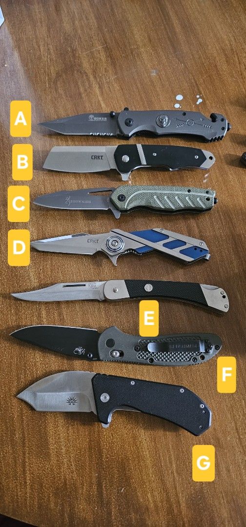 Assorted Pocket Knives Collection Multi Brand (Category: Knives & Chopping Boards) located in Quezon City. Submitted by safeforest.492237 (Listing ID 1470013844, Image 1). Description: - Collection of 7 quality folding - Includes a variety of blade shapes, handle materials, and locking mechanisms - Mix of tactical, everyday carry (EDC), and traditional designs - Available for purchase as a complete bundle or individually upon request - Great addi