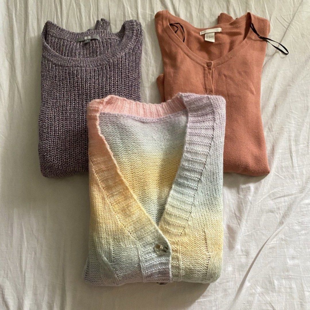 Assorted Uniqlo x H&M Knitted Sweater Cardigan Bundle (Category: Coats, Jackets and Outerwear) located in Binan City. Submitted by myprelovedhaul (Listing ID 1469979722, Image 1). Description: H&M Peach Cardigan - fits medium to xl Uniqlo Purple Sweater - fits medium to xl Rainbow Cardigan Knitted - freesize LAST PRICE POSTED! FOR SURE BUYERS ONLY! .