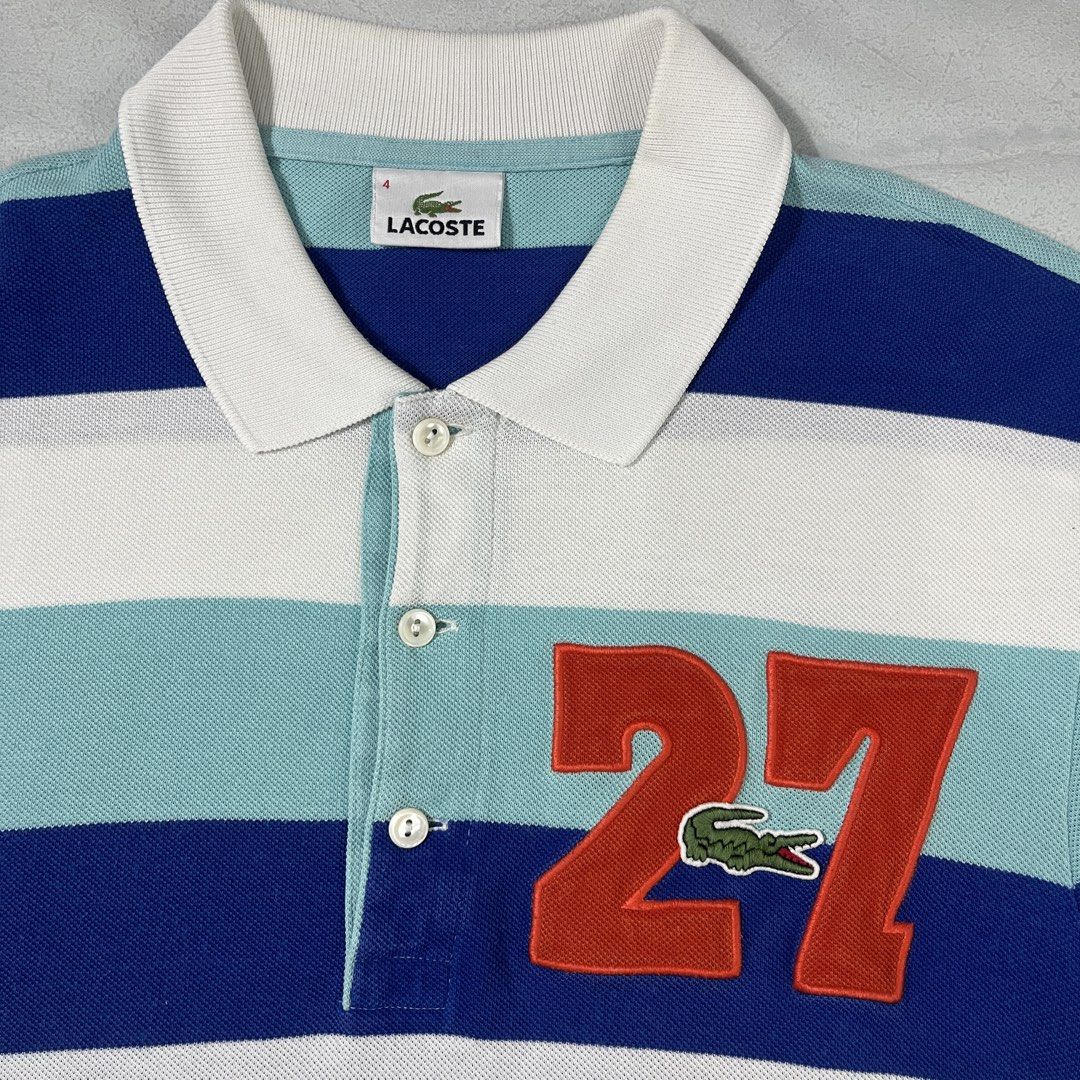 Authentic Lacoste Poloshirt (Category: Tshirts & Polo Shirts ) located in Nasugbu. Submitted by janstuffs.ph (Listing ID 1470085829, Image 3). Description: Lacoste Stripea Poloshirt 💯Legit! Size: 4/Medium on tag Width: 20" Length: 27"-28" Condition: 9.5/10 Excellent Flaw: NONE Mine: 1180 •Buyer shoulder shipping fee - ship via j&t. •Read details before purchasing..