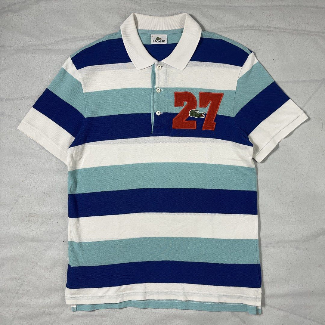 Authentic Lacoste Poloshirt (Category: Tshirts & Polo Shirts ) located in Nasugbu. Submitted by janstuffs.ph (Listing ID 1470085829, Image 1). Description: Lacoste Stripea Poloshirt 💯Legit! Size: 4/Medium on tag Width: 20" Length: 27"-28" Condition: 9.5/10 Excellent Flaw: NONE Mine: 1180 •Buyer shoulder shipping fee - ship via j&t. •Read details before purchasing..