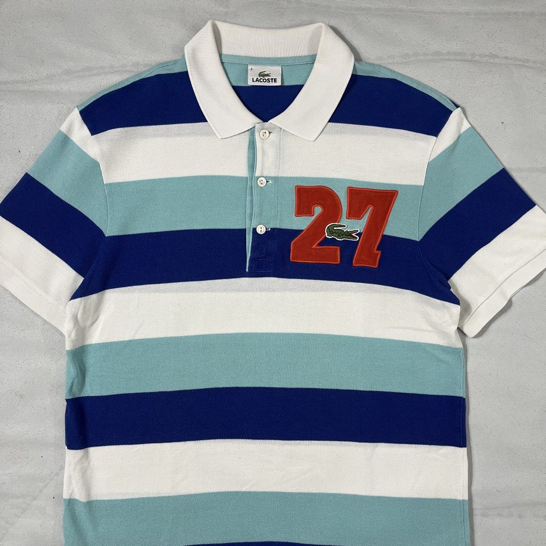 Authentic Lacoste Poloshirt (Category: Tshirts & Polo Shirts ) located in Nasugbu. Submitted by janstuffs.ph (Listing ID 1470085829, Image 2). Description: Lacoste Stripea Poloshirt 💯Legit! Size: 4/Medium on tag Width: 20" Length: 27"-28" Condition: 9.5/10 Excellent Flaw: NONE Mine: 1180 •Buyer shoulder shipping fee - ship via j&t. •Read details before purchasing..