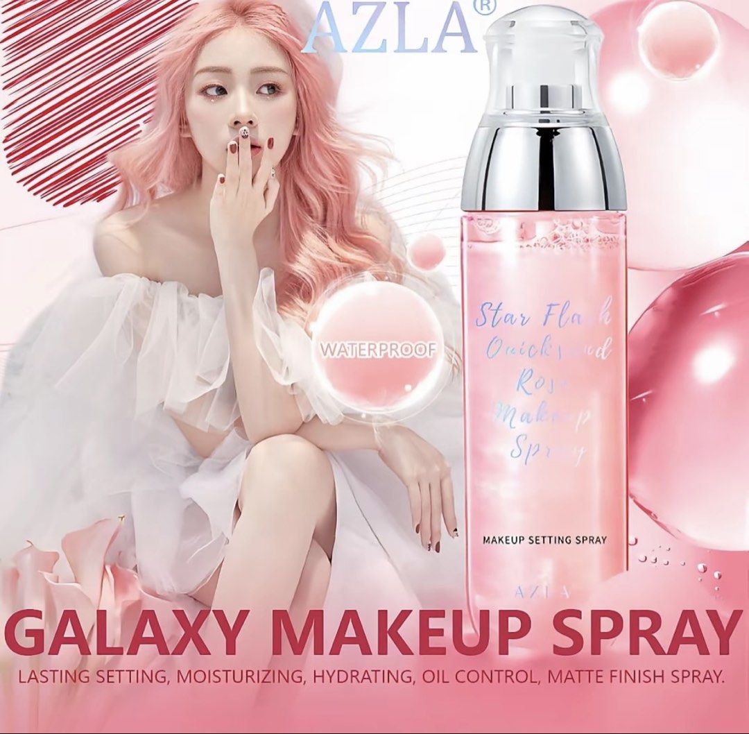 AZLA Star Flash Quicksand Rose Makeup Setting Spray (Category: Makeup) located in Baguio. Submitted by declutterbycys (Listing ID 1470075730, Image 1). Description: 98% Full - Brand: AZLA Star Flash Quicksand Rose Makeup Setting Spray - Condition: Barely used, bottle is nearly full - Finish: Matte finish with hydrating benefits - Formula: Waterproof and oil-controlling to lock makeup in place all day - Appearance: Pink liquid with stunning glitte
