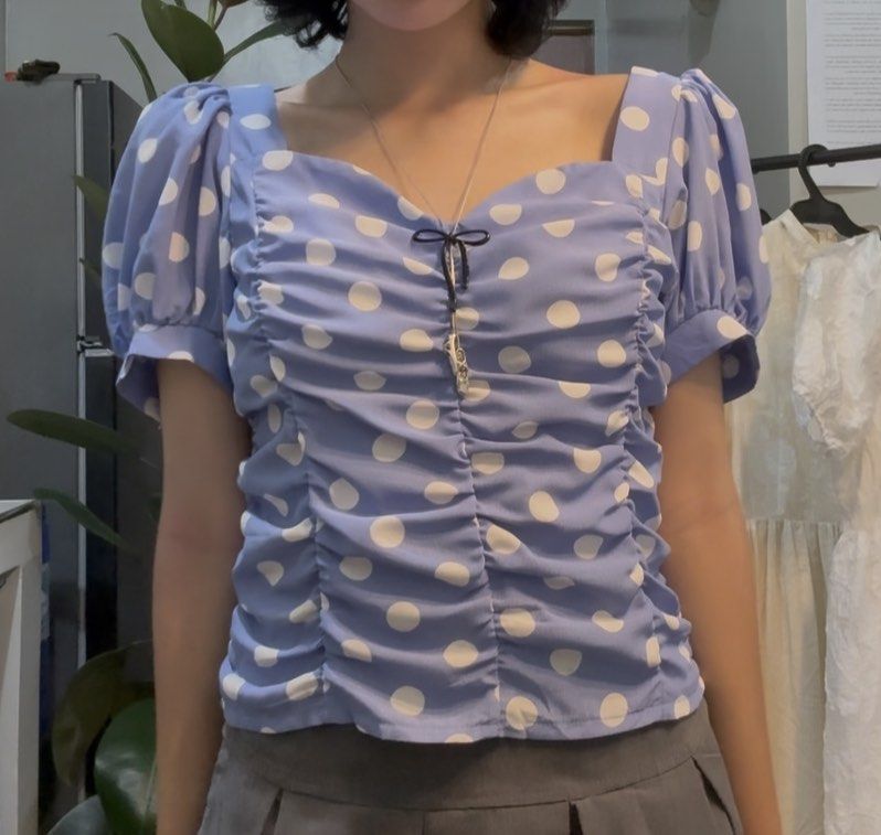 Baby blue with white polka dots top (Category: Blouses) located in Virac. Submitted by _meriduhhh (Listing ID 1470110874, Image 2). Description: Smocking top (back part) S-M.