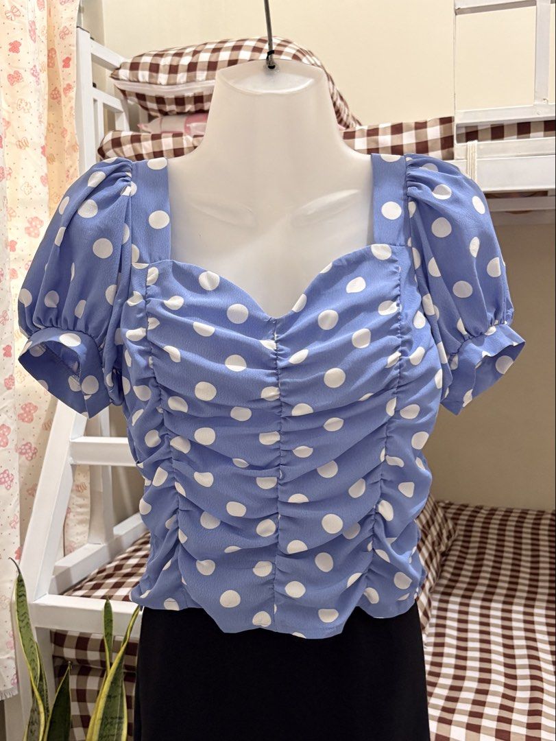 Baby blue with white polka dots top (Category: Blouses) located in Virac. Submitted by _meriduhhh (Listing ID 1470110874, Image 1). Description: Smocking top (back part) S-M.