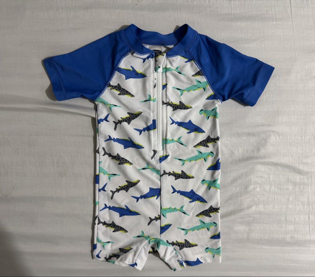 Baby Boy Swimsuit (Category: Babies & Kids Fashion) located in Paranaque City. Submitted by april_anythingpreloved (Listing ID 1470097363, Image 1). Description: - Brand: Old Navy - Design: Fun all-over shark pattern (blue, green, and grey on a white base) - Style: Short sleeves and short legs - Feature: Front zipper for quick and easy diaper changes - Condition: Excellent / Ready for use - Bought in the US - RFS: Decluttering - Location: Paranaq
