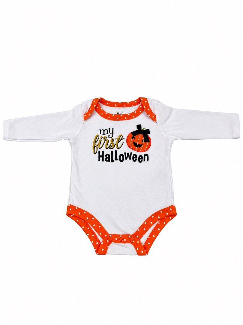 Baby Essentials Onesie (3M) (Category: Babies & Kids Fashion) located in Angeles City. Submitted by aeapreloved (Listing ID 1470055182, Image 1). Description: Baby Long-Sleeve Halloween Onesie 🎃 •Cute “My First Halloween” design with pumpkin detail and orange polka-dot accents. •Long sleeves, soft fabric, and snap-button closure at the bottom for easy diaper changes. .