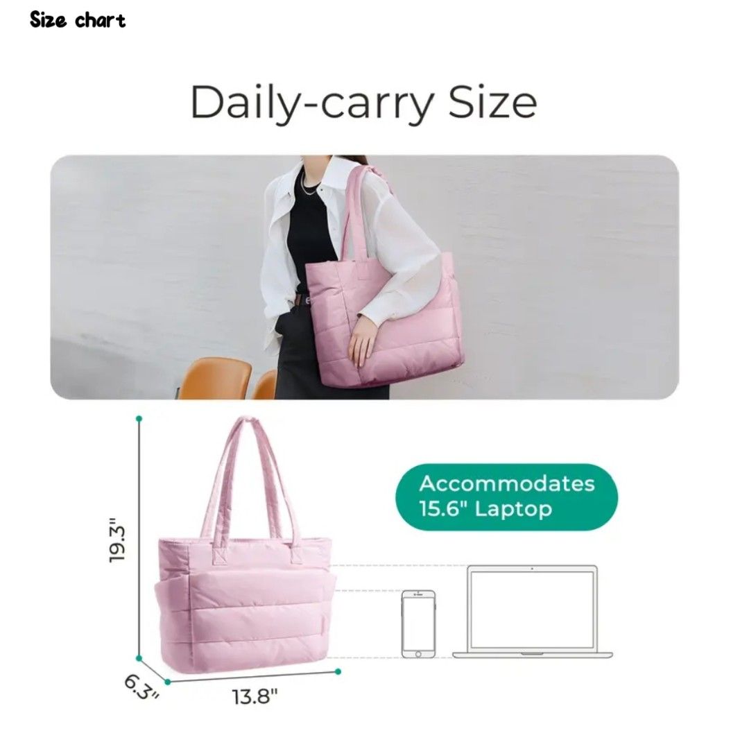 BAGSMART Puffer Tote Bag MEDIUM (Category: Tote Bags) located in Taguig. Submitted by rrdurant (Listing ID 1470021729, Image 2). Description: - Brand: BAGSMART - Color: Classic Black - Dimensions: 13.8" x 6.3" x 19.3" - Laptop Capacity: Fits up to a 15.6-inch laptop securely with a Velcro strap - Exterior: Soft quilted nylon with convenient side pockets and sturdy dual shoulder straps - Interior: Chic beige lining equipped with multiple organizat