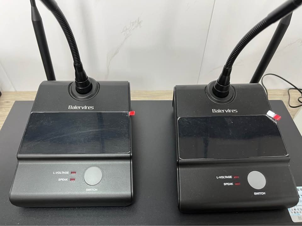 Baiervires BS-7400S Wireless Conference Microphone System (Category: Microphones) located in Paranaque City. Submitted by digitalconcept.corp (Listing ID 1469969410, Image 2). Description: - Model: Baiervires BS-7400S System - Includes: Base receiver unit and 2 desktop gooseneck microphones with antennas - Main Unit Features: Power switch, individual volume dials, and clear display screen - Mic Features: Dedicated talk buttons and status indicato