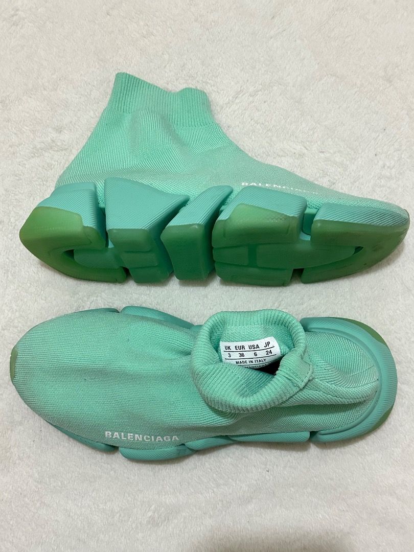 Balenciaga Speed Trainer Mint Green Size 36 (Category: Sneakers) located in Adams. Submitted by ni-collection26 (Listing ID 1470020138, Image 2). Description: - Brand: Balenciaga Speed Trainer - Color: Mint green with white logo - Size: EU 36 / UK 3 / US 6 / JP 24 - Material: Sock-style knit upper with chunky segmented sole - Origin: Made in Italy.