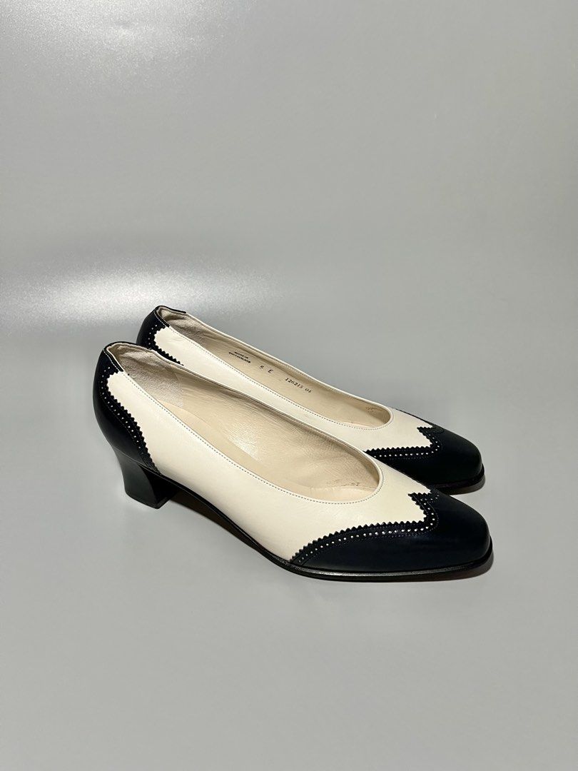 Bally "Vasano" Spectator Pumps (Category: Heels) located in Caloocan City. Submitted by jvn_23 (Listing ID 1470063216, Image 1). Description: Bally “Vasano” Spectator Pumps Authentic/Legit💯 Excellent Condition 📍 No issue❗️ Color rate: 10/10📍 Size: US 7 / EU 38 These vintage Bally “Vasano” spectator pumps feature an elegant cream leather silhouette contrasted by a scalloped, micro-perforated black wingtip toe cap and traditional Swiss-made bran