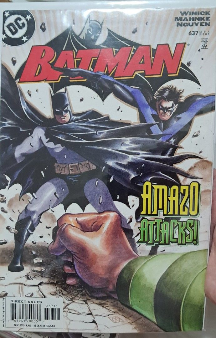 Batman #637 DC Comics Amazo Attacks (Category: Comics & Manga) located in Quezon City. Submitted by ernestamaru2 (Listing ID 1470030618, Image 1). Description: - Title: DC Batman #637 - Release Date: April 2005 - Creators: Written by Judd Winick with art by Doug Mahnke & Tom Nguyen - Edition: Direct Sales Edition ($2.25 USD cover price) - Highlight: Classic cover featuring Batman and Nightwing in action - Condition: Bagged and boarded.