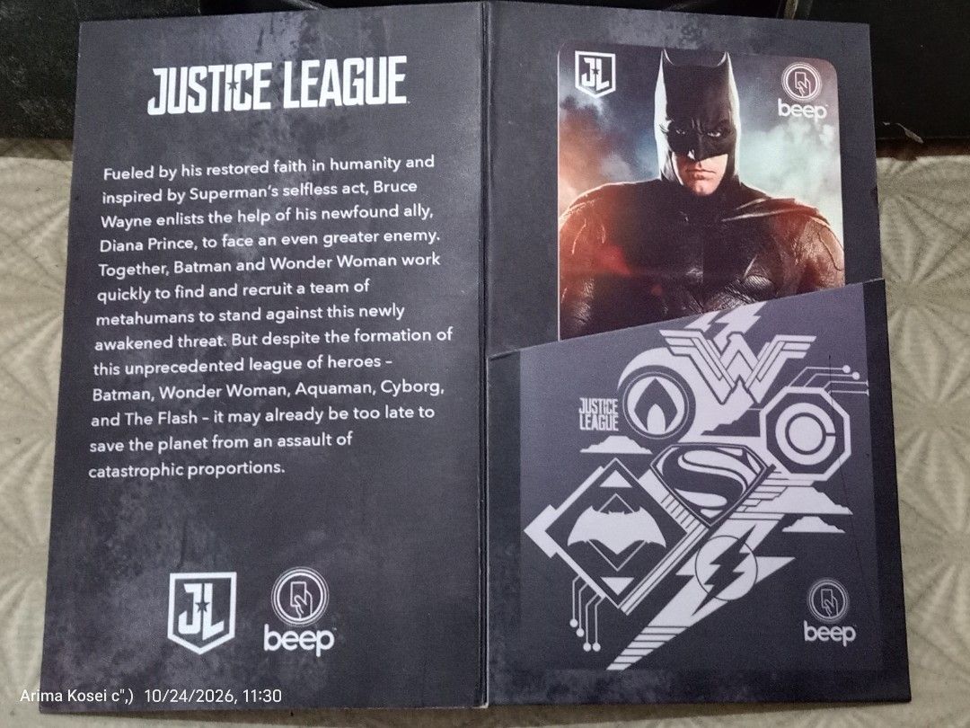 Batman (Category: Raw Singles) located in Manila. Submitted by daisuke_kirigaya (Listing ID 1469975956, Image 1). Description: VERY RARE & UNUSED : LIMITED EDITION 2017 JUSTICE LEAGUE BATMAN BEEP CARD Price : 1k Condition : - AS IS, WYSIWYG ( see actual item pics ) - UNUSED, never taped/never loaded - EXP DATE : APR 2022 ( see pic ) - stored only - COMPLETE ( BEEP Card, Card Case & plastic ) MOP : GCASH / UPON COURIER PICK-UP SHIPPING : Lalamove,