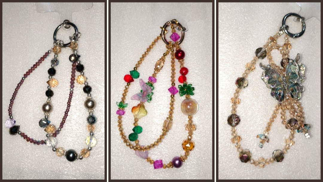 Beaded Phone Charm Strap Wristlet Handcrafted (Category: Handmade Craft) located in Caloocan City. Submitted by books_and_beads (Listing ID 1470081215, Image 1). Description: - Handmade beaded phone charms with crystal beads, pearls, and cute butterfly or flower accents - Durable design featuring secure metal rings and sturdy multi-strand beadwork - Versatile accessory that can be attached to phones, bags, or keys - Multiple color combinations av