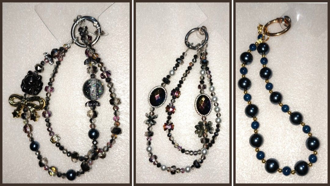 Beaded Phone Strap Wrist Lanyard Charm Strap (Category: Charms) located in Caloocan City. Submitted by books_and_beads (Listing ID 1470081213, Image 1). Description: - Handmade double-strand beaded phone wrist strap - Features sleek black beads, dark crystals, and a sparkly glitter sphere - Adorned with a cute gold bow charm: · Left Chain: A dramatic, mystical, and glamorous design. The centerpiece is a striking black nine-tailed fox charm paired