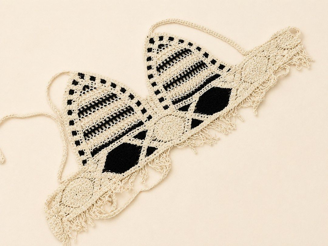 Black and Cream Crochet Triangle Crop Top (Category: Sleeveless) located in Santa Rosa. Submitted by pauiofficial (Listing ID 1470071718, Image 1). Description: -Up to 34 inches bust size - Handmade crochet crop top - Chic black and cream geometric pattern - Adjustable tie straps and back tie closure - Features cute decorative fringe along the bottom hem - Ideal for music festivals, beach trips, or summer styling.