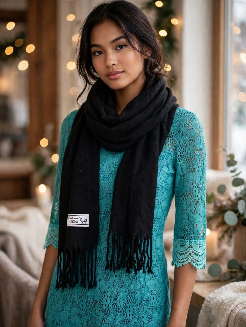Black Cashmere Blend Scarf (Category: Scarves) located in Manila. Submitted by tinygazo90639 (Listing ID 1469977712, Image 2). Description: - Color: Black - Material: Soft cashmere blend - Design: Long drape with classic fringe details at both ends - Detail: White label stamped with "Cashmere Blend" and a subtle goat graphic - Condition: Brand new and cozy for winter.