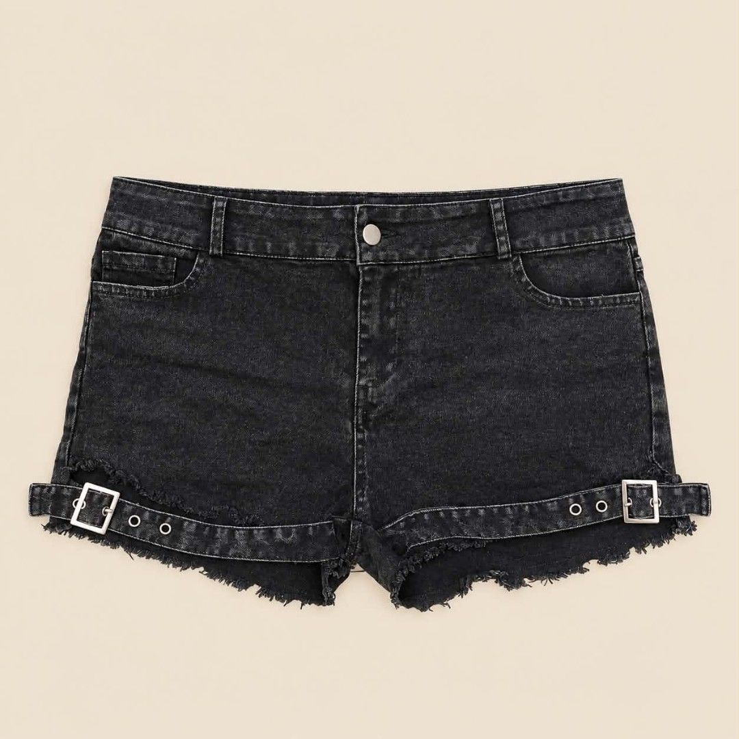 Black Denim Shorts with Buckle Straps Raw Hem (Category: Shorts) located in Manila. Submitted by joshbelgic17602 (Listing ID 1469971613, Image 1). Description: - Style: Edgy punk rock look with a washed black finish - Details: Unique front overlay straps with silver metal buckles and eyelets - Hem: Distressed raw hem - Waist: Mid-rise with belt loops and single button closure - Pockets: Classic five-pocket styling.
