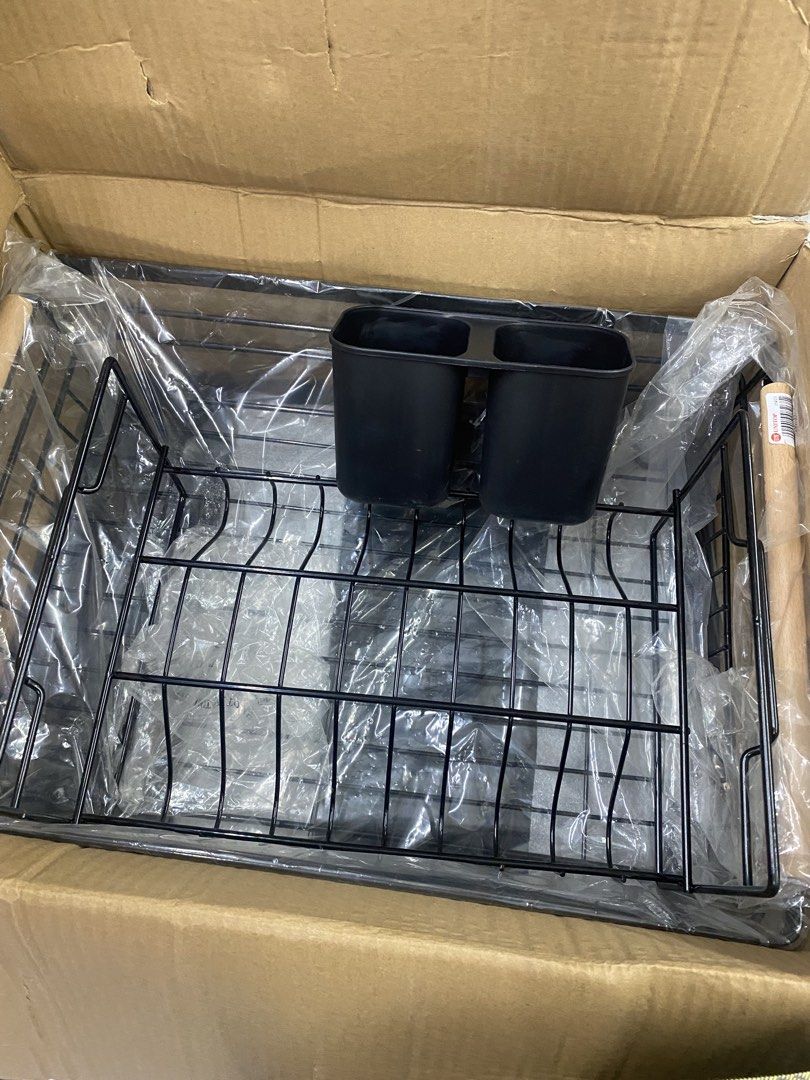 Black Dish Drying Rack Kitchen Organizer with Cutlery Holder (Category: Food Organization & Storage) located in Manila. Submitted by xoxo_enr (Listing ID 1470052581, Image 1). Description: - Sleek black wire dish rack with a double compartment plastic cutlery holder - Sturdy metal frame designed to hold plates securely upright while drying - Brand new and unused spare item, still packed in its original cardboard box with protective plastic wrappe