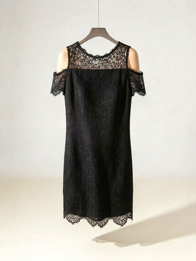 Black Lace Cold Shoulder Cocktail Dress (Category: Dresses) located in Manila. Submitted by meedclothing (Listing ID 1470013143, Image 1). Description: - Size: S - Style: Elegant black lace dress - Details: Cold-shoulder cutouts, short sleeves, and sheer lace yoke - Hemline: Flattering scalloped hem 📌 PLEASE READ BEFORE ORDERING: ⏳ Reservation: Strictly 2 days only 📦 Shipping: Everyday except Sundays & holidays ♻️ Condition: Pre-loved / used it