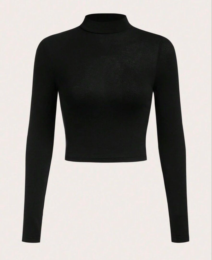 Black Long Sleeve Mock Neck Crop Top (Category: Longsleeves) located in Pateros City. Submitted by abbymoana (Listing ID 1470019194, Image 1). Description: Black mock neck top with long sleeves. Cropped length, snug fit through the body. Soft stretchy fabric. Check the size chart photo for exact shoulder, bust, and sleeve measurements. Size: XXS RFS: too small for me 📍Pateros.