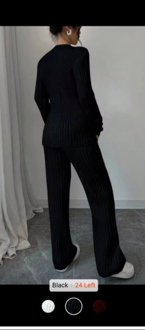 Black Ribbed Knit Sweater and Pants Two Piece Set (Category: Sets or Coordinates) located in General Trias. Submitted by mrg10 (Listing ID 1469965364, Image 3). Description: - Color: Solid Black - Material: Soft, stretchy ribbed knit - Set includes: Long sleeve mock neck top & high-waist wide-leg pants - Fit: Comfortable and flattering stretch - Perfect for: Casual wear, lounging, or cooler weather - Versatile: Easy to pair with other wardrobe pi