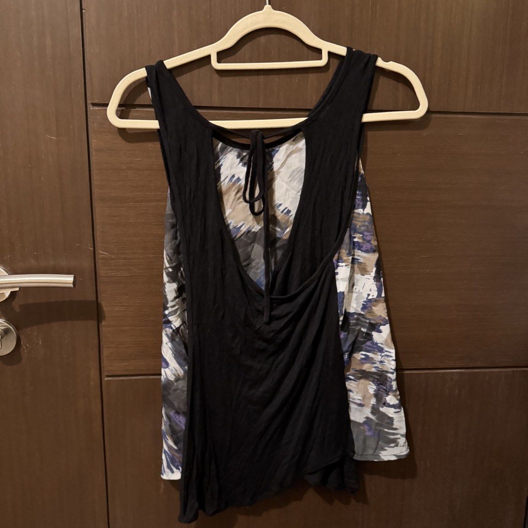 Black Sheep - Printed Blouse Top Semi Backless Size L (Category: Sleeveless) located in Quezon City. Submitted by ianne.declutter (Listing ID 1470068829, Image 2). Description: - Brand: Black Sheep - Size: L - Design: Abstract brushstroke print (blue, grey, white, brown) on the front - Back Details: Solid black with a deep V-cut and tie detail - Fabric: Lightweight, ideal for warm weather or layering - Condition: Excellent.