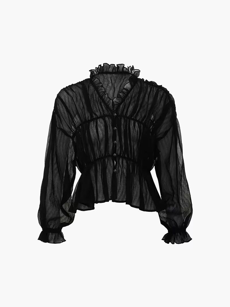 Black Sheer Ruffle Long Sleeve Button Up Blouse (Category: Longsleeves) located in Manila. Submitted by dianafayesimbre (Listing ID 1470088142, Image 1). Description: - Color: Black - Material: Lightweight sheer fabric - Design: Ruched front and back with button-down closure - Sleeves: Long balloon sleeves with ruffled cuffs - Neckline: High ruffled collar - Styling: Great for layering or pairing with high-waisted skirts - Brand new - Fits small 