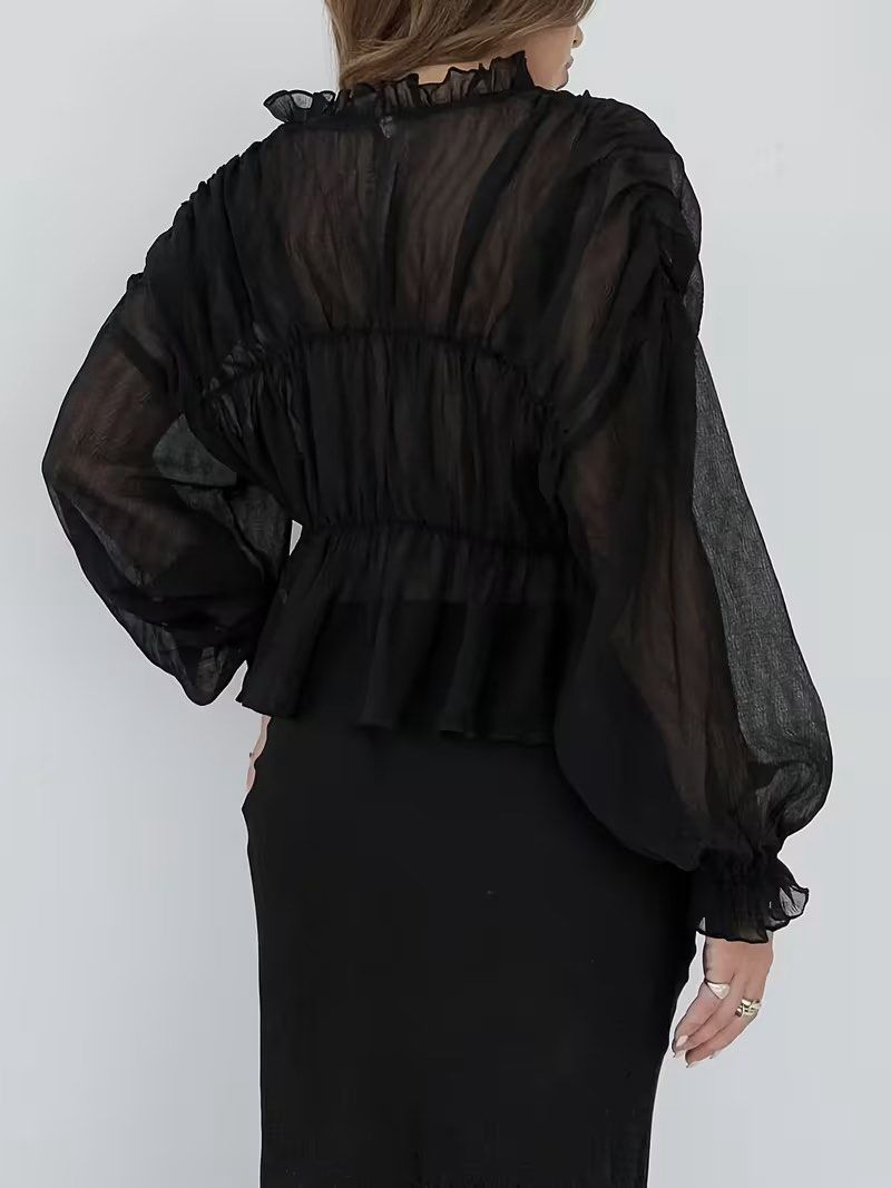 Black Sheer Ruffle Long Sleeve Button Up Blouse (Category: Longsleeves) located in Manila. Submitted by dianafayesimbre (Listing ID 1470088142, Image 3). Description: - Color: Black - Material: Lightweight sheer fabric - Design: Ruched front and back with button-down closure - Sleeves: Long balloon sleeves with ruffled cuffs - Neckline: High ruffled collar - Styling: Great for layering or pairing with high-waisted skirts - Brand new - Fits small 