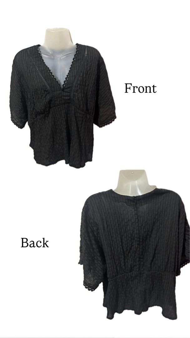 Black V Neck Lace Oversized Top (Category: Blouses) located in Marilao. Submitted by bamito (Listing ID 1470127091, Image 1). Description: - Brand: Shein - Color: Classic Black - Style: V-neck oversized top with chic lace trim details - Material: Textured fabric with a comfortable relaxed fit.