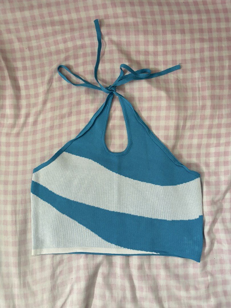blue and white halter knitted top (Category: Sleeveless) located in Manila. Submitted by iyahpreloved_ (Listing ID 1469974080, Image 2). Description: size S!.
