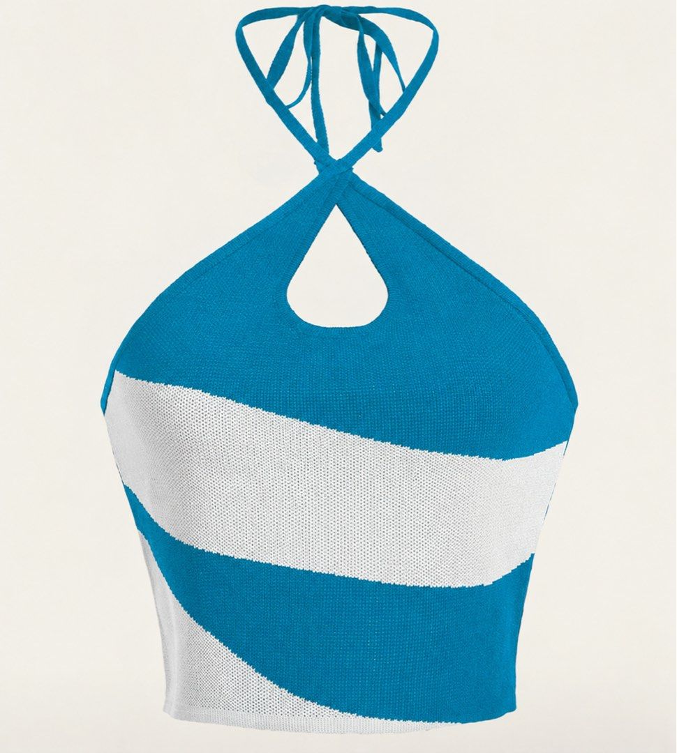 blue and white halter knitted top (Category: Sleeveless) located in Manila. Submitted by iyahpreloved_ (Listing ID 1469974080, Image 1). Description: size S!.