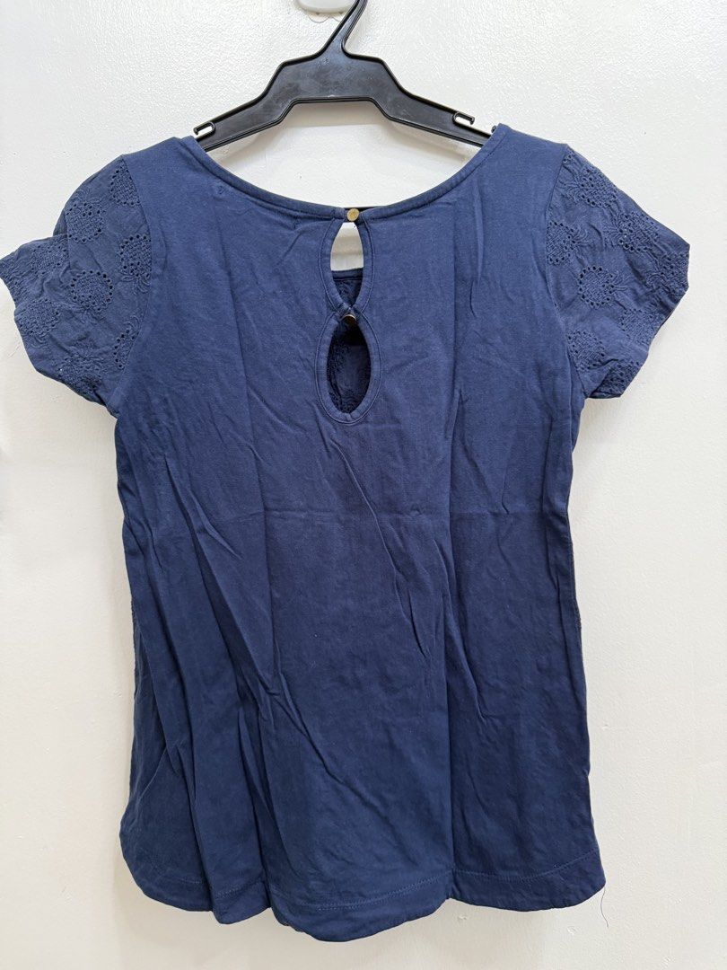 Blue Embroidered Short Sleeve Blouse Size M (Category: Blouses) located in Quezon City. Submitted by reivia.vend (Listing ID 1469987033, Image 3). Description: - Color: Navy blue - Size: EUR M / MEX 30 - Material: Soft cotton blend - Design: All-over textured pattern with round neckline - Details: Back keyhole with button closure - Style: Casual, versatile piece great with jeans or skirts.