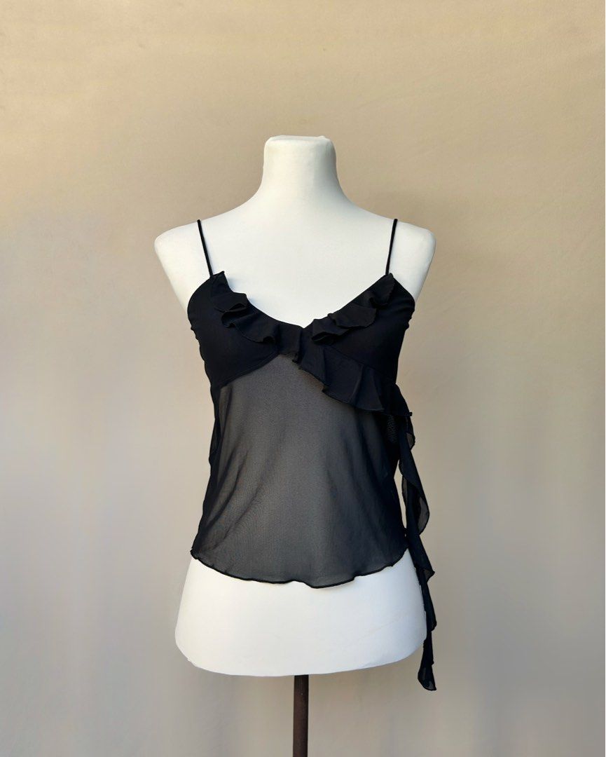 BNWT H&M Black Ruffle Flowy Mesh Top (Category: Sleeveless) located in Los Banos. Submitted by hotlinevintage777 (Listing ID 1470125564, Image 1). Description: — size: xs to m — bust part has lining, lower part is sheer — brand new with tag.
