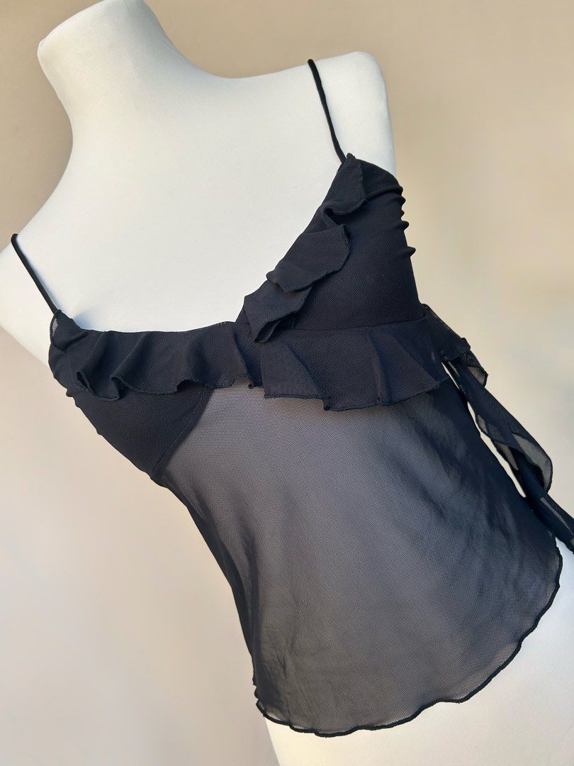 BNWT H&M Black Ruffle Flowy Mesh Top (Category: Sleeveless) located in Los Banos. Submitted by hotlinevintage777 (Listing ID 1470125564, Image 3). Description: — size: xs to m — bust part has lining, lower part is sheer — brand new with tag.