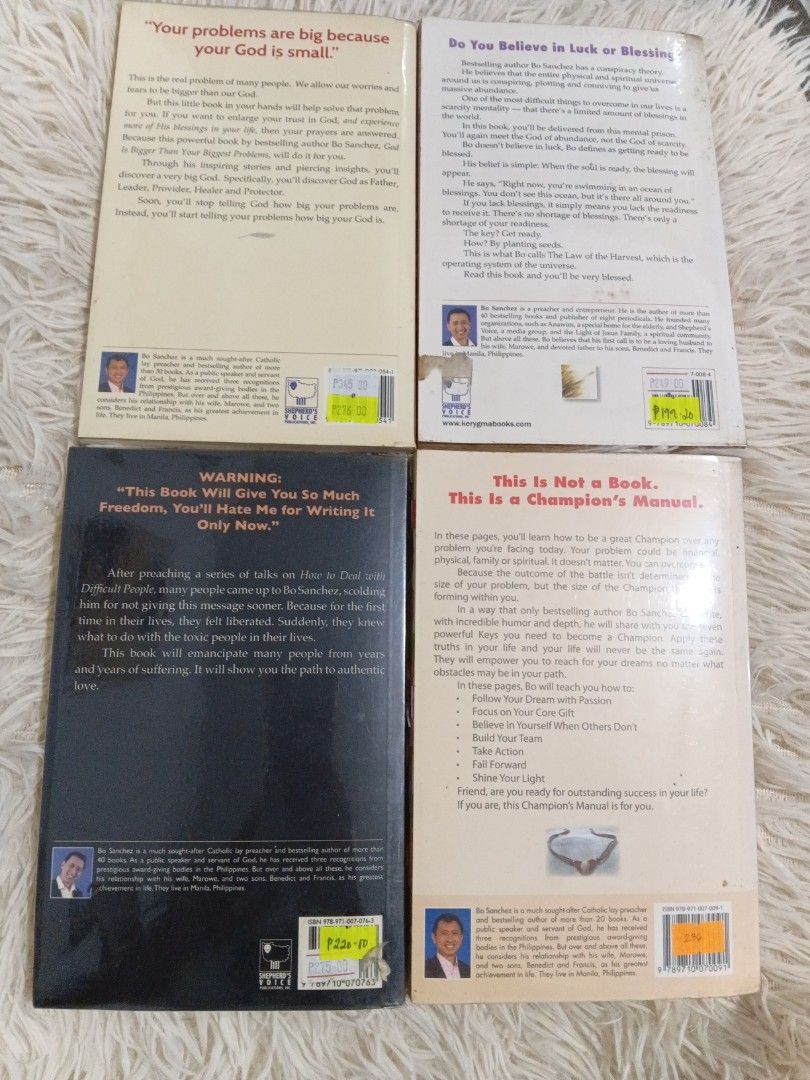 Bo Sanchez Books (Category: Storybooks) located in Cavite. Submitted by nathstelein_finds (Listing ID 1470120350, Image 2). Description: 95 each - Format: Paperback editions - Included Titles: * God Is Bigger Than Your Biggest Problems * How to Turn Thoughts Into Things * How to Deal With Difficult People * How to Conquer Your Goliaths - Topics: Personal growth, spirituality, and overcoming life challenges - Condition: Great reading material for 