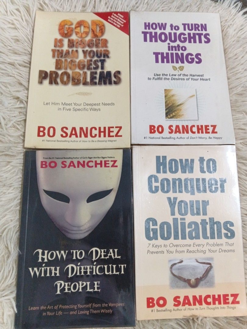 Bo Sanchez Books (Category: Storybooks) located in Cavite. Submitted by nathstelein_finds (Listing ID 1470120350, Image 1). Description: 95 each - Format: Paperback editions - Included Titles: * God Is Bigger Than Your Biggest Problems * How to Turn Thoughts Into Things * How to Deal With Difficult People * How to Conquer Your Goliaths - Topics: Personal growth, spirituality, and overcoming life challenges - Condition: Great reading material for 