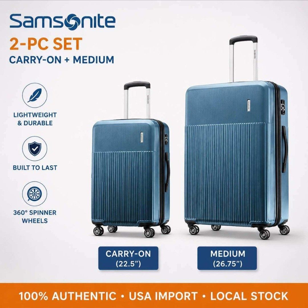 Brand New Azure Samsonite luggage bundle -medium & carry on (Category: Luggage) located in Manila. Submitted by jollyann_b1990 (Listing ID 1470006255, Image 1). Description: Perfect for travelers who need spacious, reliable luggage for longer trips. BUNDLE= 22,000 Size: 26.75” Medium Check-In = 15,500 ✔ Ideal for 5–10 Day Trips ✔ Fits Airline Check-In Requirements ✔ Lightweight and Durable ✔ Smooth Spinner Wheels ✔ Premium Samsonite Quality ✔ 100