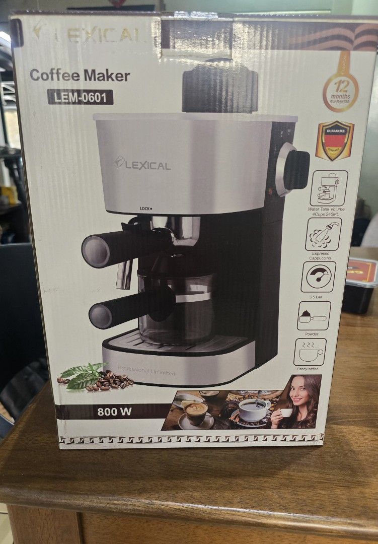 Brand new Lexical Coffee Maker LEM 0601 (Category: Coffee Machines & Makers) located in Taguig. Submitted by dhescabero (Listing ID 1469958999, Image 1). Description: Brand new Lexical Coffee Maker LEM 0601 COFFEE MAKER ESPRESSO 220-240V~50/60 Hz, 800W Steam Pressure: 3.5 bar Coffeepot capacity: 300ml Stainless Steel frame Overheat Protection Detachable frothing nozzle Detachable drip tray Non-Slip Rubber Feet Price Php1500 Strictly no reservatio